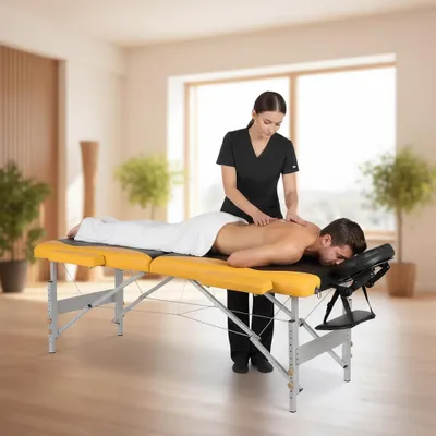 Produktbild von Massageliege 3-Zonen Alu höhenverstellbar Schwarz/Gelb mit Tragetasche