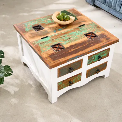 Produktbild von Massiver Couchtisch JAKARTA 70cm Mango weiß bunt Truhe aus recycelten Fischerbooten Holz mit Schubladen