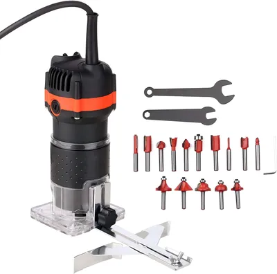 Produktbild von bedee Oberfräse, Handflächenfräsen-Set, 800W, 220V, 50/60 Hz, 6.35mm Spannzange, 30.000 U/min, für Holz, Kantenfräse, mit 15 Fräsern, Transparente Basis, Kippschalter, Wärmeableitungslöcher, Kompakt, ABS & Metall, 1.3m Kabel, 202x88x80mm