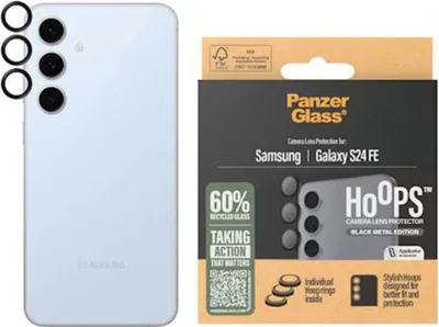 Zdjęcie produktu dla PanzerGlass ® Hoops® Camera Lens Protector Black Samsung Galaxy S24 FE, Samsung, Samsung - Galaxy S24 FE 5G, Aplikacja na sucho, Odporny na zadrapania, Odporny na wstrząsy, Czarny, 1 szt.