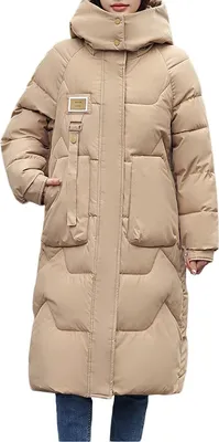 Obrázek produktu pro ASKSA Dámská dlouhá péřová bunda Zimní péřový kabát Teplá prošívaná bunda Parka s kapucí, Khaki, L