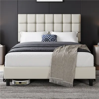 Produktbild von Yaheetech Polsterbett Doppelbett mit Höhenverstellbarem KopfteilStabiler Bettrahmen Stoffbett mit Lattenrost Bettgestell 140x200 cm Beige