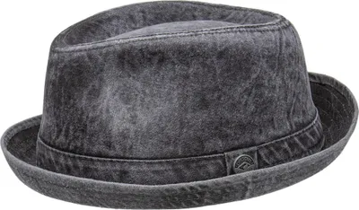 A close-up studio shot of a gray fedora hat.