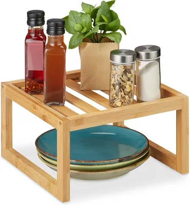 Obrázok produktu pre Držiak na riad do kuchyne – bambus – 14 x 24,5 x 24,5 cm – Voľne stojaci držiak – Organizér do kuchynskej skrinky – Držiak na taniere – Prírodná farba