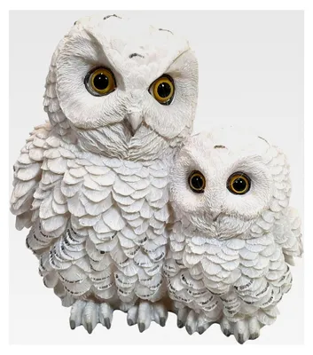 Produktbild von 2 weiße Schnee-Eulen Dekofigur Vogel Eule mit Kind Tierfigur Garten