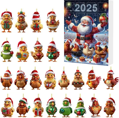 Produktbild von 2025 Weihnachts-Adventskalender, Hühner-Ornamente, 24-Tage-Countdown-Kalender, Weihnachtsbaum-Dekoration, 2D-Acryl, Sammlerstück, Cartoon-Hühner-Set für Kinder, Weihnachtsgeschenke