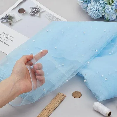 Productafbeelding van 2.7M Pareltule Kant Stof 116,5 Inch Breed Licht Hemelsblauw Tafellaken Tafelrunner Netten voor Bruidsvoiles, Jurken en Gordijnen