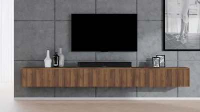 Image de AX LIVING Meuble TV bas moderne Loriano 300 cm, suspendu, noyer Warmia