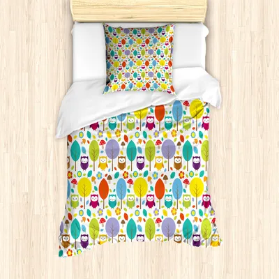 Produktbild von ABAKUHAUS Kindergarten Mantele, Bunte Wald Eulen, Milbensicher Allergiker geeignet mit Kissenbezügen, 135 cm x 200 cm - 80 x 80 cm, Mehrfarbig