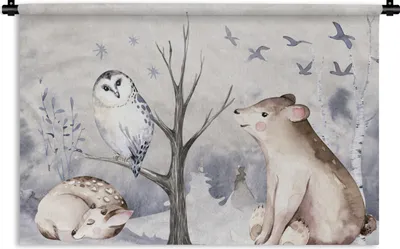 Produktbild von MuchoWow® Wandteppich Wandbehang Winter - Hirsch - Eule - Bär 120x80 cm Tapisserie Dekoration Wandtuch - Wanddekorationen - Wandtücher