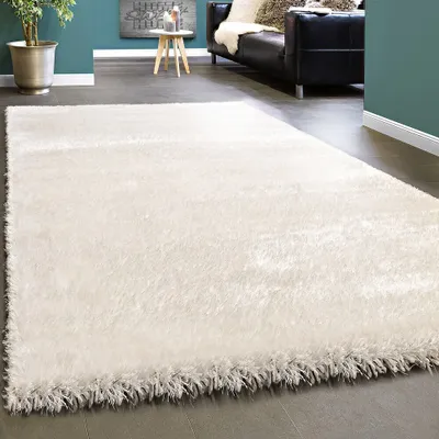 Produktbild von Edler Teppich Shaggy Hochflor Einfarbig Flauschig Glänzend In Weiß Grösse 80x150 cm