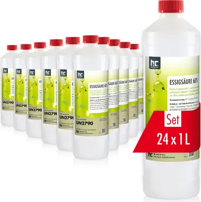 A group of bottles of Essigsäure 60% arranged in a display, with one bottle prominently in the foreground.