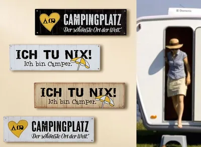Produktbild von Vintage Retro Metallschild, Modell: CAMPINGPLATZ... , Maße 30 x 9 cm, weiß , ideal für Camper, Zelter, Caravaner, Wohnmobilisten, oder einfach Zuhause.
