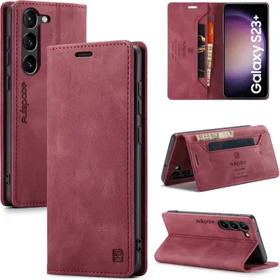 Produktbild von Galaxy S23+ Brieftasche Hülle, Retro Kunstledertasche Stand Schutzhülle für Samsung Galaxy S23+ Rot