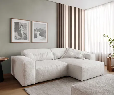 Produktbild von DELIFE Ecksofa Sirpio 230x155 cm Bouclé Creme-Weiß Recamiere variabel mit Hocker