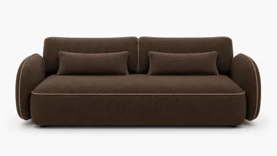 Produktbild von Sofello ORIA mit Schlaffunktion – Melange Braun | Modernes Sofa aus trendigem Bouclé-Stoff mit dekorativer Keder, Liegefläche: 204 × 144 cm
