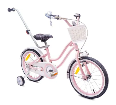 Image de Vélo pour fille 16 pouces 4-6 ans vélo avec roues d'entrainement poussoir cloche panier Vélo coeur rose poudré
