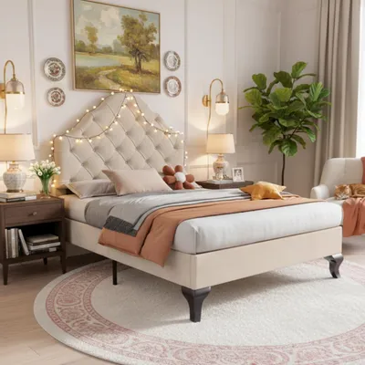 Immagine prodotto di Letto imbottito 90 x 200 cm, con testiera regolabile in altezza, imbottita, rete a doghe, rivestito in velluto, color beige