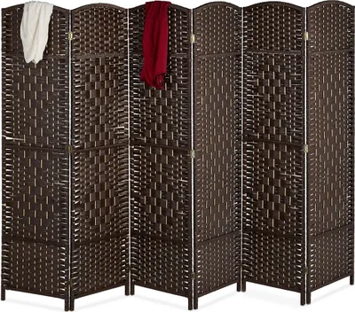 Image de Paravent Relaxdays, H x L : 170 x 240 cm, paravent pliable, paravent à 6 panneaux, bois et corde en papier, marron