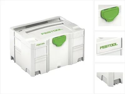 A white Festool Systainer tool case with green accents is shown against a white background.