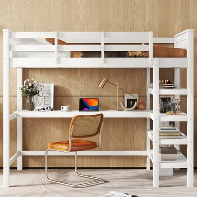Productafbeelding van AIORBER hoogslapbed, 90 x 200 cm, met bureau en plank, gemaakt van grenenhout en MDF, ruimtebesparend en veilig, geschikt voor kinderkamers en studentenwoningen, wit