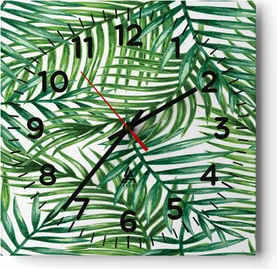 A square clock with a palm leaf pattern and black clock hands.