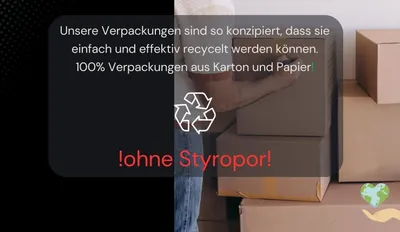 A person is holding a cardboard box, with stacks of cardboard boxes in the background. Text overlays highlight the product's packaging.