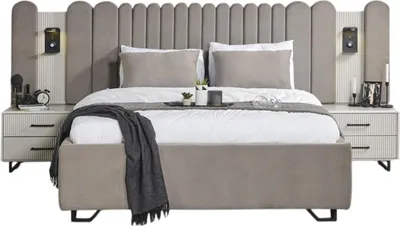 Produktbild von Bett Black Line Holzwerkstoff Stoff Beige Schwarz, Liegefläche:180x200 + 2 Nachttische