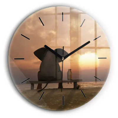 Produktbild von Wallfluent Große Wanduhr – Stilles Quarzuhrwerk - Uhr Dekoration Wohnzimmer Schlafzimmer Küche - Zifferblatt mit Striche - schwarze Zeiger - 60 cm - Tiere und Sonnenuntergang