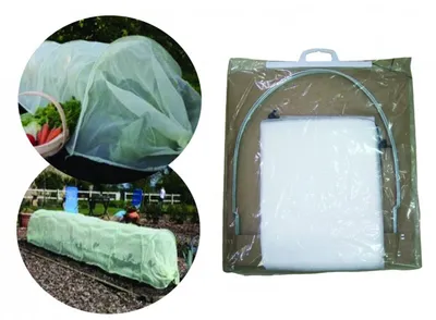 Collage showing a plant tunnel in use in a garden and its packaging.
