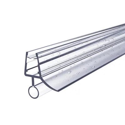 A close-up studio shot of a clear plastic shower door seal with water droplets on it.