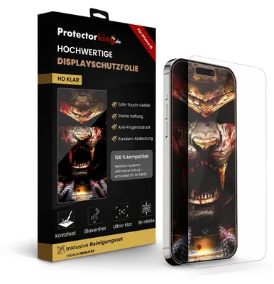 A product box for a screen protector is shown next to a smartphone with a screen protector applied.