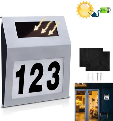 Produktbild von LARS360 LED Beleuchtete Hausnummer mit 2 LED Solarhausnummer Edelstahl Solar Hausnummernleuchte LED Beleuchtete Hausnumme LED Wandleuchte - Silver