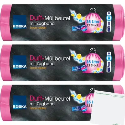 Produktbild von Edeka Duft-Müllbeutel mit Zugband pink 35l 3er Pack (3x12 Beutel) + usy Block