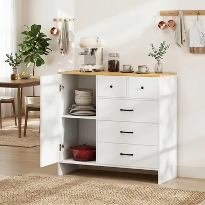 Produktbild von Sideboard Anrichte im Landhausstil, Küchenschrank aus Holzwerkstoff in Weiß und Eiche-Optik, Buffet mit 5 Schubladen & 1 Tür, Kaffeebar Kommode 100x40x94 cm