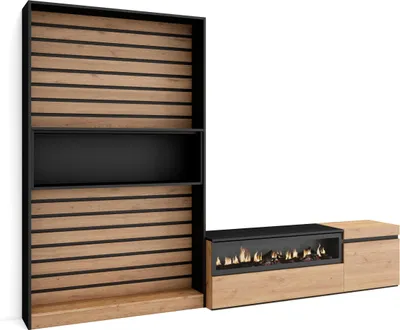 Produktbild von Wohnwand Wohnzimmer, 260x35x186cm, Für TV-Geräte bis zu 65", Elektrokamin, Eiche und Schwarz