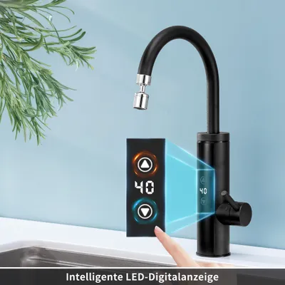 Produktbild von Elektrische Küchenarmatur mit Durchlauferhitzer,  Schwarz Wasserhahn Küche mit LED Temperaturanzeige，Smart Heater Wasserhahn 360° drehbar