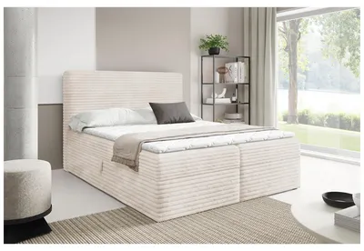 Produktbild von MEBLINI Boxspringbett mit Bettkasten - 140x220 - H4/Creme Cordstoff - TALIA - Gepolstert Doppelbett mit Matratze und Topper - Polsterbett mit Stauraum - Bett mit Kopfteil - Stauraumbett