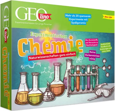 A box for a chemistry experiment kit for children, featuring illustrations of lab equipment and chemical formulas.