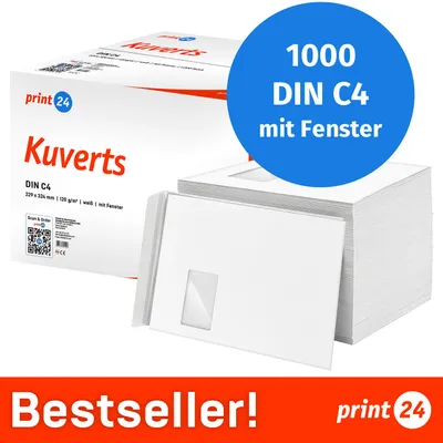 Produktbild von : print24 Briefumschläge mit Fenster, DIN C4, unbedruckt, 1000 Stück