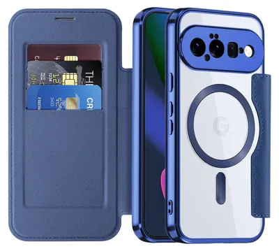 Obrázek produktu pro Pouzdro pro Google Pixel 11 kompatibilní s MagSafe, průhledné pouzdro s držákem karet, kožené pouzdro s ochranou kamery modré