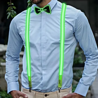 Produktbild von Leuchtende LED Hosenträger & Fliege Set, grün, verstellbar, 3-Clip, Polyester