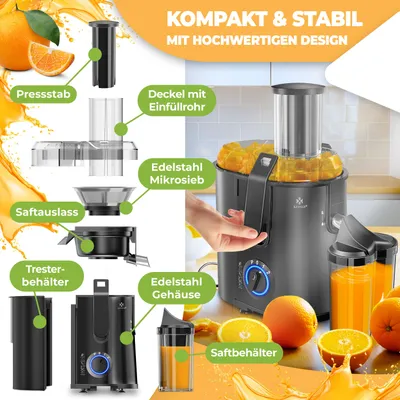 Produktbild von KESSER® Entsafter für Obst und Gemüse aus Edelstahl 1100W große 85 mm Einfüllöffnung inkl. Reinigungsbürste und Saftbehälter 3 Geschwindigkeitsstufen, Saftpresse Juicer, Schwarz