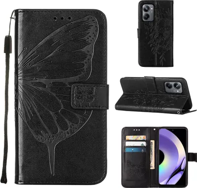 Produktbild von Lederhülle für Realme 10 Pro 5G Schmetterling Prägung Flip Ledertasche Kartenfächer Handyhülle mit Ständer Schwarz