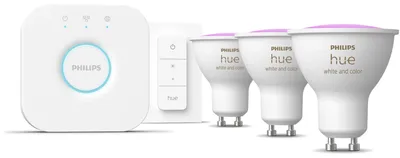 Produktbild von Philips Hue White and Color ambiance Starter-Set: 3 smarte GU10-Spots + Dimmschalter, Bluetooth/Zigbee, Weiß, LED, GU10, GU10, 2000 K