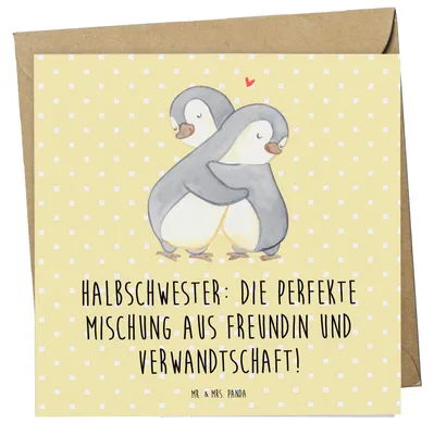 Produktbild von Mr. & Mrs. Panda Klappkarte Halbschwester Glück - Gelb Pastell - Geschenk, Bindung, Familie, Grußkarte, Geschenkideen, Liebe, Jubiläen, doppelkarte, anlasskarte, Freundin