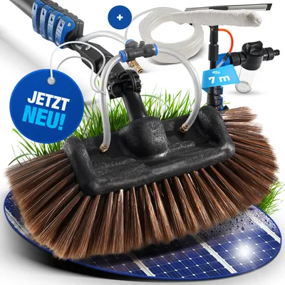 Produktbild von NTG Teleskopwaschbürste Pro bis 7 Meter mit weichen Borsten und Fensterabzieher zur Reinigung von Autos, Solaranlagen und Fenstern in Ausführung mit Wasseranschluss und Seifenspender Teleskopstange Waschbürste (Bis 7 Meter)