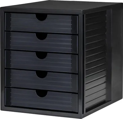 Produktbild von HAN Schubladenbox Systembox Karma mind 80 Prozent Recycling-Kunststoff mit 5 geschlossenen Schubladen, Inkl. Auszugsperre plus Beschriftungsclip, Gummifüße, Schwarz, 14508-13