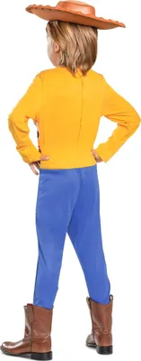 A child wearing a Woody costume from Toy Story, viewed from the back.