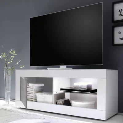 Image de Gambara : Meuble TV 140x43x56h cm Blanc Brillant, 2 Étagères, Italy